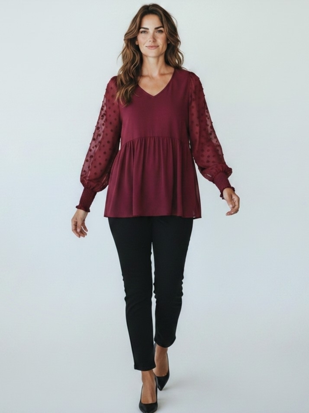 LOMAN NWT V-Neck Burgundy Peplum Tunic with Sheer Dot Sleeves Size XL